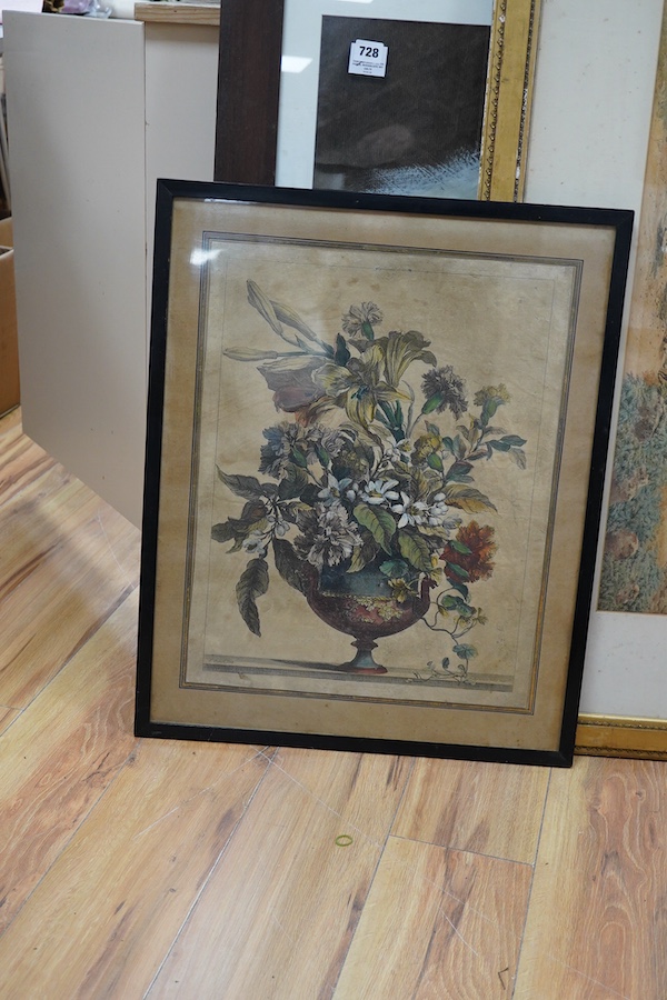 After Jean Baptiste Monnoyer (Franco/Flemish, 1636-1699), Still lifes of flowers, set of six colour etchings, etched by Nicolas de Poilly, 43 x 33cm